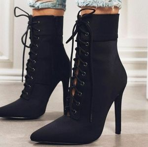 Amber Lace Up Stiletto Booties - Black